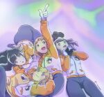  4girls :d arm_up ass aurora black_footwear blonde_hair blue_eyes blunt_bangs brown_eyes brown_hair camera coat gloves highres kobuchizawa_shirase kujira_gunsou long_hair lying medium_hair miyake_hinata multiple_girls on_back orange_coat pants shiraishi_yuzuki shirt sidelocks smile sora_yori_mo_tooi_basho tamaki_mari uniform white_coat white_gloves yellow_shirt 