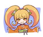  1girl :d blonde_hair blue_background blush_stickers bow cat_hair_ornament danganronpa_(series) danganronpa_2:_goodbye_despair green_bow grin hair_bow hair_ornament highres japanese_clothes kimono long_sleeves obi orange_eyes orange_kimono saionji_hiyoko sash smile solo teeth twintails upper_body white_background wide_sleeves youko-shima 