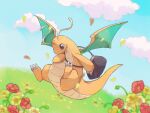  animal_focus bag blue_sky brown_eyes cloud commentary_request dragon dragonite flower grass highres holding holding_bag horizon no_humans pokemon pokemon_(creature) sky towa_(clonea) 