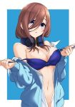  1girl bare_shoulders blue_background blue_bra blue_cardigan blue_eyes border bra breasts brown_hair cardigan cleavage collared_shirt commentary_request go-toubun_no_hanayome hair_between_eyes headphones headphones_around_neck large_breasts long_bangs long_hair looking_at_viewer mirai_denki nakano_miku navel off_shoulder open_cardigan open_clothes open_mouth outside_border pulled_by_self shirt solo strap_pull underwear upper_body white_border white_shirt 