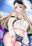  1girl 462vvv absurdres backwards_hat bag bandaid bandaid_on_face bandaid_on_nose baseball_cap blonde_hair blurry blurry_background breasts centi_(nikke) centi_(supreme_holiday)_(nikke) cleavage clothing_cutout crop_top denim denim_shorts goddess_of_victory:_nikke hat highres jewelry long_hair looking_at_viewer necklace open_mouth satchel shorts shoulder_cutout smile solo standing 