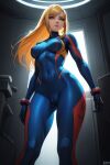  1girl ai-generated alternate_costume blonde_hair breasts cameltoe medium_breasts metroid non-web_source samus_aran skin_tight solo 