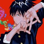  1boy absurdres black_hair commentary covered_mouth english_commentary fingernails gakuran hands_up heart highres infinity kageyama_ritsu long_sleeves looking_at_viewer male_focus mob_psycho_100 neige404 one_eye_covered own_hands_together red_background school_uniform short_hair simple_background smoke solo upper_body 