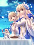  3girls archetype_earth arcueid_brunestud bare_shoulders blonde_hair blue_gloves blue_skirt breasts chocolate cleavage detached_collar detached_sleeves dress fate/grand_order fate_(series) flower full_moon gloves hair_flower hair_ornament highres large_breasts layered_skirt long_hair long_skirt mixing_bowl moon multicolored_clothes multicolored_skirt multiple_girls multiple_persona night night_sky open_mouth red_eyes shoori_(migiha) short_hair skirt sky smile table tsukihime very_long_hair white_dress white_gloves white_skirt 