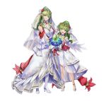 2girls bare_shoulders blue_flower bouquet breasts bridal_legwear bridal_veil choker dragonstone dress feather-trimmed_dress feather_trim fire_emblem fire_emblem:_mystery_of_the_emblem fire_emblem_awakening fire_emblem_heroes flower green_eyes green_hair high_heels high_ponytail holding holding_bouquet looking_at_viewer medium_breasts multiple_girls official_alternate_costume official_art open_mouth pointy_ears ponytail red_scarf scarf smile teeth tiara tiki_(adult)_(fire_emblem) tiki_(fire_emblem) tiki_(young)_(fire_emblem) veil white_background white_choker white_dress white_footwear 