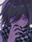  1boy black_hair black_scarf checkered_clothes checkered_scarf covered_mouth danganronpa_(series) danganronpa_v3:_killing_harmony hair_between_eyes hand_up highres looking_at_viewer male_focus oma_kokichi portrait purple_eyes scarf solo urami0310 white_background white_scarf 