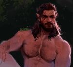  1boy alternate_facial_hair arm_hair baldur&#039;s_gate baldur&#039;s_gate_3 bara beard braid brown_hair chest_hair dark-skinned_male dark_skin dungeons_and_dragons elf esaart facial_hair hairy halsin large_pectorals looking_ahead male_focus mature_male medium_hair muscular muscular_male nipples nude out-of-frame_censoring pectorals pointy_ears solo tattoo thick_eyebrows thick_mustache upper_body 