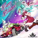  absurdres ass bag bell black_ribbon black_thighhighs blue_eyes blue_hair capelet car christmas christmas_tree dress ferrari ferrari_f40 floating_hair fur-trimmed_capelet fur-trimmed_dress fur_trim gift gloves hair_behind_ear hair_ribbon happy_holidays hat hat_removed hatsune_miku headwear_removed highres holding holding_bag house instagram_username lens_flare logo looking_at_viewer mistletoe motor_vehicle neck_bell open_mouth red_capelet red_dress red_footwear red_gloves ribbon santa_dress santa_hat snow snowing star_(sky) star_(symbol) surprised thighhighs tohri_hosoya twintails vocaloid 