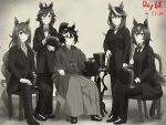  5girls ahoge animal_ears bow collared_shirt commentary_request dress_shirt full_body greyscale hair_between_eyes hat highres horse_ears horse_girl horse_tail katsuragi_ace_(umamusume) long_hair long_sleeves looking_at_viewer maruzensky_(umamusume) medium_hair monochrome mr._c.b._(umamusume) multiple_girls necktie pants ponytail ribehachi shirt sirius_symboli_(umamusume) sitting suit symboli_rudolf_(umamusume) tail top_hat umamusume wooden_chair 