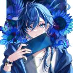  1boy absurdres amaichi_esora bird blue_bird blue_butterfly blue_eyes blue_eyeshadow blue_flower blue_hair blue_jacket blue_nails blue_theme border bracelet braid bug butterfly chain_necklace ear_chain ear_piercing earclip earrings eyeshadow flower hair_over_shoulder hand_up highres holding holding_wallet hoop_earrings jacket jewelry long_hair long_sleeves looking_at_viewer makeup male_focus mole mole_under_eye multiple_moles multiple_rings nail_polish necklace original outside_border parted_lips piercing pillarboxed pinky_ring ring shirt single_braid solo sunflower upper_body wallet watch white_border white_shirt wristwatch 