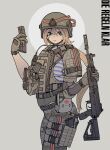  1girl absurdres ak-12 ammunition_pouch armor assault_rifle belt belt_pouch black_belt blue_shirt body_armor brown_gloves cable camouflage camouflage_pants circle closed_mouth combat_helmet commentary cowboy_shot cross digital_camouflage english_commentary folding_stock from_side german_text gloves green_eyes green_headwear grey_background grey_pants gun hair_between_eyes headwear_writing helmet highres holding holding_gun holding_magazine_(weapon) holding_weapon kalashnikov_rifle light_brown_hair light_smile long_hair looking_at_viewer magazine_(weapon) mechanical_arms military_operator orange_ribbon original pants plate_carrier pouch radio ranguage red_cross ribbon ribbon_of_saint_george rifle shirt shoulder_armor simple_background single_mechanical_arm sleeveless sleeveless_shirt snap-fit_buckle solo striped striped_ribbon striped_shirt suihei_(foltheck) tactical_clothes telnyashka thigh_pouch translated two-tone_ribbon two-tone_shirt undershirt urban_camouflage utility_belt weapon white_shirt 