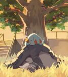  absurdres closed_eyes commentary_request donphan evolutionary_line gara_(qbeuxvii22) grass highres no_humans on_grass outdoors phanpy pokemon pokemon_(creature) railing sleeping stairs tree tusks 