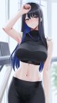  1girl absurdres arm_up armpits bare_shoulders black_hair black_pants blue_archive blue_eyes blue_hair breasts colored_inner_hair crop_top halo highres large_breasts leavv long_hair midriff multicolored_hair navel no_headwear pants parted_lips saori_(blue_archive) solo stomach straight_hair sweat two-tone_hair yoga_pants 