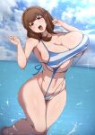  1girl alternate_breast_size bare_arms bare_legs bikini blue_bikini breasts brown_eyes brown_hair cloud cloudy_sky commentary_request covered_nipples curvy head_tilt highres horizon huge_breasts kotobuki_mayuki long_hair looking_at_viewer navel ocean open_mouth outdoors ponponmaru seitokai_nimo_anawa_aru! simple_background sky slingshot_swimsuit solo sparkle standing striped striped_thighhighs swimsuit thighhighs wading 