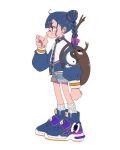  1girl ahoge backpack bag bandaid bandaid_on_face bandaid_on_nose beetle blue_footwear blue_hair blue_jacket blue_shorts blunt_bangs braid bug double_bun from_side full_body hair_bun hand_up highres jacket long_sleeves medium_hair nao97122 open_clothes open_jacket original red_eyes rhinoceros_beetle ribbed_socks shoes short_shorts shorts simple_background sneakers socks solo standing thumb_sucking twin_braids unzipped white_background white_socks yin_yang yin_yang_print zipper zipper_pull_tab 