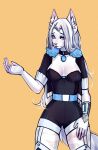  2022 5_fingers anthro belt breasts clothed clothing collar collar_only eyebrows eyelashes felid feline female fingers fur hair hi_res horn inner_ear_fluff koiren long_hair mammal nude raised_arm simple_background solo suit tuft unknown_character watermark white_body white_eyes white_fur white_hair 