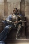  1boy absurdres armor atomhawk beard blue_cape blue_eyes brown_hair cape circlet european_clothes facial_hair highres holding holding_sword holding_weapon indoors looking_at_viewer short_hair solo stone_wall sword the_elder_scrolls the_elder_scrolls_legends vambraces wall weapon 