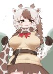  1girl angolan_giraffe_(kemono_friends) animal_ears blonde_hair blush bow bowtie brown_eyes brown_gloves brown_hair brown_skirt giraffe_ears giraffe_girl giraffe_horns giraffe_print gloves hair_between_eyes horns kemono_friends long_hair looking_at_viewer multicolored_hair pleated_skirt print_scarf print_sleeves red_bow red_bowtie scarf sidelocks sifserf skirt solo vest yellow_vest 