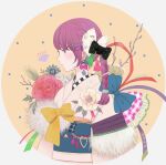  1girl 2022 animal_print black_bow bow braid checkered_clothes earrings flower frills hair_bow hair_ornament hairpin japanese_clothes jewelry kimono obi original pink_kimono purple_hair red_flower red_rose ribata rose sash signature solo upper_body yellow_bow 