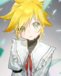  1boy 25-ji_len 25-ji_nightcord_de._(project_sekai) armband black_armband blonde_hair blurry close-up collared_shirt depth_of_field dot_nose frilled_shirt_collar frills furrowed_brow gradient_background green_eyes grey_background grey_sailor_collar hair_strand head_tilt high_collar highres kagamine_len light_blush light_particles long_sleeves looking_at_viewer male_focus neck_ribbon parted_bangs parted_lips pogpa47985618 project_sekai puffy_long_sleeves puffy_sleeves red_ribbon ribbon sailor_collar shade shirt shy simple_background spiked_hair swept_bangs tareme triangle upper_body v_arms vocaloid white_background white_shirt wide-eyed 