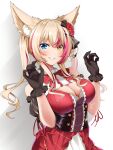  1girl animal_ear_fluff black_gloves blonde_hair blue_eyes bow breasts cleavage dress gloves grin heterochromia highres indie_virtual_youtuber kureha_mitra large_breasts long_hair midoriiro_no_shinzou multicolored_hair paw_pose pink_hair red_bow red_dress smile solo streaked_hair twintails yellow_eyes 