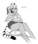  2023 animal_humanoid belly big_belly big_breasts big_butt bottomwear box breasts butt cakecatboy cleavage clothed clothing container dialogue eyewear felid felid_humanoid female hi_res huge_breasts huge_butt humanoid kiera_(cowszers) mammal mammal_humanoid markings monochrome navel open_mouth overweight overweight_female overweight_humanoid pantherine pantherine_humanoid shadow shirt shorts signature simple_background sitting solo striped_markings striped_tail stripes sunglasses tail tail_markings text thick_thighs tiger_humanoid topwear 