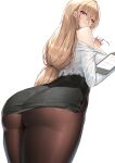  1girl absurdres alternate_costume ass ass_focus azur_lane black_pantyhose blonde_hair breasts clipboard eyebrows_hidden_by_hair glasses hair_between_eyes highres holding holding_clipboard implacable_(azur_lane) implacable_(shepherd_of_the_&quot;lost&quot;)_(azur_lane) large_breasts long_hair looking_at_viewer looking_back off-shoulder_shirt off_shoulder orange_eyes pantyhose pencil_skirt ponytail semi-rimless_eyewear shirt shuiruoqing side_slit simple_background skirt thighs white_background 