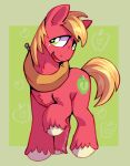  big_macintosh_(mlp) blonde_hair blonde_mane chest_tuft collar cutie_mark earth_pony equid equine feral freckles friendship_is_magic fur green_eyes hair hasbro hi_res hooves horse male mammal mane my_little_pony pony red_body red_fur signature silverycryptid smile solo tail tuft yellow_tail 