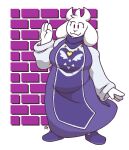  2023 2_horns anthro belly belly_outline belly_overhang big_belly big_breasts bovid breasts caprine clothing curvy_figure female fur gesture goat horn huge_breasts mammal overweight overweight_anthro overweight_female robe simple_background smile solo toriel undertale_(series) viomarks voluptuous waving white_background white_body white_fur 