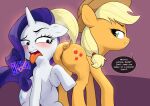  anus applejack_(mlp) clothing disgust disgusted_face duo equid equine female female/female feral friendship_is_magic genitals grin hasbro hat headgear headwear hi_res horse kokobiel mammal musk my_little_pony pony puffy_anus pussy raised_tail rarity_(mlp) simple_background smelly smile steam tail text 