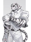  1boy animal_ears arknights book facial_hair feet_out_of_frame formal frown furry furry_male goatee hagrang highres holding holding_book large_hands male_focus mountain_(arknights) mountain_(book_reader)_(arknights) muscular muscular_male scar scar_across_eye scar_on_arm short_hair solo suit thick_eyebrows tiger_boy tiger_ears watch white_hair wristwatch 