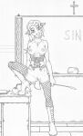  2016 anthro apple areola biped boots breasts clothing corset coyotek cross crucifix deer english_text eyebrows female fishnet fishnet_legwear food footwear front_view fruit genitals hair hi_res high_heels holding_object holding_riding_crop legwear line_art lingerie long_hair looking_at_viewer mammal miss_harbor_(paws_and_tales) monochrome mostly_nude navel nipples paws_and_tales plant pose pussy raised_leg riding_crop scut_tail short_tail solo standing tail text topwear whip 