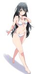  1girl absurdres ahoge bikini black_hair breasts full_body grey_eyes hand_on_own_chest highres long_hair shadow side-tie_bikini_bottom simple_background small_breasts solo swimsuit totsuka_saika_(totsukasaika59) white_background white_bikini yahari_ore_no_seishun_lovecome_wa_machigatteiru. yukinoshita_yukino 