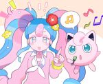  1girl :d :o blue_eyes blue_hair blush choker colored_eyelashes commentary_request earrings fairy_miku_(project_voltage) flower hair_flower hair_ornament hand_up hatsune_miku heart heart_choker highres index_finger_raised jewelry jigglypuff klarogiraffe long_hair long_sleeves looking_at_viewer multicolored_hair music musical_note nail_polish neckerchief notice_lines open_mouth pink_choker pink_hair pink_nails pink_sweater pokemon pokemon_(creature) project_voltage red_flower scrunchie sidelocks singing smile speech_bubble sweater twintails two-tone_hair upper_body very_long_hair vocaloid white_neckerchief wrist_scrunchie yellow_flower yellow_scrunchie 