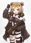  1girl :d absurdres belt black_choker black_gloves breasts brown_hair brown_jacket bullpup choker collarbone cowboy_shot double_bun eyewear_on_head girls&#039;_frontline glasses gloves gun hair_bun highres holding holding_gun holding_weapon hood hood_down hooded_jacket jacket legs_apart long_sleeves looking_at_viewer medium_breasts noneon319 off_shoulder open_clothes open_jacket open_mouth p90 p90_(girls&#039;_frontline) partially_fingerless_gloves pendant_choker radio raised_eyebrows red_eyes shirt short_hair sidelocks simple_background sling smile solo submachine_gun teeth thigh_belt thigh_pouch thigh_strap thighs tinted_eyewear upper_teeth_only weapon white_background white_shirt yellow-tinted_eyewear 