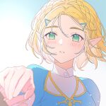  1girl blue_shirt blush braid crown_braid fingerless_gloves gloves gradient_background green_eyes green_shirt grey_background hair_ornament hairclip hand_grab highres parted_bangs princess_zelda rutiwa shirt short_hair solo_focus the_legend_of_zelda the_legend_of_zelda:_breath_of_the_wild 