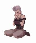  1girl 2608337875 blue_eyes blush earrings flattop genderswap genderswap_(mtf) grey_hair jean_pierre_polnareff jewelry jojo_no_kimyou_na_bouken kneeling male_focus off-shoulder_shirt off_shoulder shirt stardust_crusaders tall_hair widow&#039;s_peak 