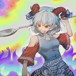  1girl blue_dress blue_ribbon breasts comically_large_spoon_(meme) commentary_request curled_horns dress ear_piercing grey_hair highres holding holding_spoon horn_ornament horn_ribbon horns meme multicolored_background piercing pointy_ears red_eyes red_horns red_sleeves ribbon short_hair solo spoon touhou toutetsu_yuuma zeikomi 