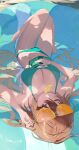  absurdres aketa_mikoto bare_legs bare_shoulders barefoot beach bikini blonde_hair book breasts brown_eyes brown_hair cleavage food food_in_mouth from_above fruit gradient_hair green_bikini green_eyes highres holding holding_book holding_eyewear idolmaster idolmaster_shiny_colors large_breasts lemon lemon_slice long_hair lying midriff multicolored_eyes multicolored_hair on_back one_eye_closed sand shiny_skin sunglasses swimsuit thighs uouokuma upside-down 