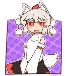  1girl :o animal_ear_fluff animal_ears artist_name bare_shoulders black_skirt blush_stickers border bright_pupils fangs galvez half-closed_eyes hat inubashiri_momiji looking_at_viewer open_mouth pom_pom_(clothes) purple_background red_eyes ribbon-trimmed_sleeves ribbon_trim shirt short_hair skirt solo tail thick_eyebrows tokin_hat touhou white_border white_hair white_pupils white_shirt white_sleeves wolf_ears wolf_girl wolf_tail 