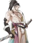  1boy abs alternate_body_hair armpit_hair bara bare_pectorals beard bulge character_request chest_hair facial_hair feet_out_of_frame final_fantasy final_fantasy_xiv gloves hadanugi_dousa hairy high_ponytail highres japanese_clothes kimono large_pectorals leg_hair loincloth_aside long_hair looking_at_viewer male_focus mature_male muscular muscular_male navel_hair nipples open_clothes open_kimono pectorals samurai saturn_(satscarlet) sheath sheathed solo standing stomach testicle_peek thick_thighs thighs 