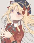  1girl alternate_costume black_bow black_bowtie black_headwear blonde_hair blush bow bowtie cabbie_hat collar crescent_moon earrings ereshkigal_(fate) ereshkigal_(under_the_same_sky)_(fate) fate/grand_order fate_(series) grey_background hair_ribbon hat highres jewelry long_hair moon official_alternate_costume own_hands_together red_eyes red_nails red_ribbon red_shirt ribbon shirt simple_background smile solo star_(symbol) star_print taku_hanamiyap very_long_hair white_collar 