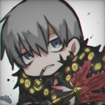  1boy black_gloves black_jacket black_shirt blue_eyes chromatic_aberration collared_shirt commentary_request e.g.o_(project_moon) employee_(lobotomy_corporation) fur-trimmed_jacket fur_trim gloves grey_hair hair_between_eyes jacket lobotomy_corporation lowres male_focus no_nose open_clothes open_jacket pipe_in_mouth project_moon red_vest sanpaku shirt short_hair smoking_pipe solo sumuraku-tadano vest 