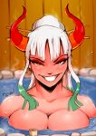  absurd_res accessory bedroom_eyes big_breasts breasts cleavage clothed clothing female gav hair hair_accessory hi_res horn horned_humanoid humanoid narrowed_eyes nude one_piece partially_submerged seductive smile solo white_hair yamato_(one_piece) 