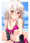  1girl asymmetrical_gloves bare_shoulders beach bikini black_gloves blue_sky blush breasts cleavage collarbone day fate/grand_order fate/kaleid_liner_prisma_illya fate_(series) fingerless_gloves front-tie_top gloves grin highres illyasviel_von_einzbern illyasviel_von_einzbern_(swimsuit_archer) illyasviel_von_einzbern_(swimsuit_archer)_(third_ascension) long_hair looking_at_viewer mochi_(k620803n) navel ocean outdoors pink_bikini red_eyes revision shore side-tie_bikini_bottom sky small_breasts smile swimsuit teeth uneven_gloves white_hair 