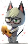  1boy :o animal_crossing animal_ears black-framed_eyewear blonde_hair blue_necktie blush bottomless brown_eyes cat_boy cat_ears cat_tail character_request furry furry_male glasses green_eyes heterochromia highres kneeling long_sleeves male_focus necktie open_mouth raymond_(animal_crossing) shirt short_hair sinensian solo tail tongue tongue_out vest white_shirt 
