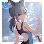  1girl ame. animal_ear_fluff animal_ears backless_swimsuit bare_arms bare_shoulders black_one-piece_swimsuit blue_archive blue_eyes blue_sky blush bottle closed_mouth cloud commentary_request day extra_ears from_behind grey_hair hair_between_eyes hair_ornament halo highres holding holding_bottle looking_at_viewer looking_back official_alternate_costume one-piece_swimsuit shiroko_(blue_archive) shiroko_(swimsuit)_(blue_archive) sky solo swimsuit water_bottle wolf_ears 