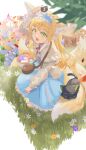  1girl absurdres animal_ear_fluff animal_ears arknights bag basket black_cat blonde_hair blue_hairband blue_skirt brown_bag cardigan cat commentary crossover flower fox_ears fox_girl fox_tail frilled_hairband frills green_eyes hair_ornament hair_scrunchie hairband handbag heixiu highres kitsune kyuubi long_hair long_sleeves luo_xiaohei luo_xiaohei_zhanji multicolored_hair multiple_tails neck_ribbon official_alternate_costume on_head open_cardigan open_clothes open_mouth outdoors puffy_long_sleeves puffy_sleeves red_ribbon ribbon scrunchie shirt shoulder_bag skirt sleeve_cuffs solo spring_(season) stitches suzuran_(arknights) suzuran_(spring_praise)_(arknights) tail two-tone_hair uutan_(shibainu_kakumei) white_hair white_shirt yellow_cardigan 