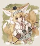  1girl animal_ear_fluff animal_ears arknights bag blonde_hair brown_bag cardigan closed_mouth commentary creature_on_head cross-laced_clothes cross-laced_skirt cross-laced_slit crossover fox_ears fox_girl fox_tail frilled_hairband frills green_eyes green_hairband green_skirt hair_ornament hairband handbag heixiu highres holding holding_staff kitsune kyuubi long_sleeves looking_at_viewer luo_xiaohei_zhanji mashiro_(mashilolicon) multicolored_hair multiple_tails neck_ribbon official_alternate_costume open_cardigan open_clothes red_ribbon ribbon round_bag shirt shoulder_bag skirt smile solo staff suzuran_(arknights) suzuran_(spring_praise)_(arknights) tail two-tone_hair white_cardigan white_hair white_shirt 