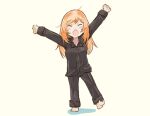  1girl alternate_costume arms_up barefoot black_pajamas clenched_hands closed_eyes kantai_collection long_hair orange_hair pajamas raised_fists saiguchi_otoufu salmon_(kancolle) simple_background solo white_background yawning 